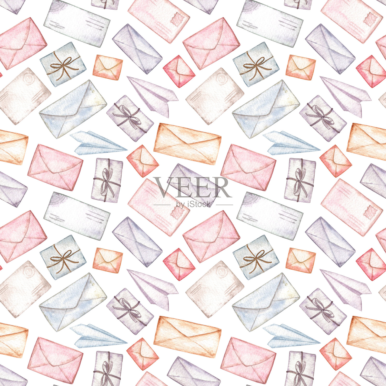 无缝图案与信封和信件用水彩画插画图片素材