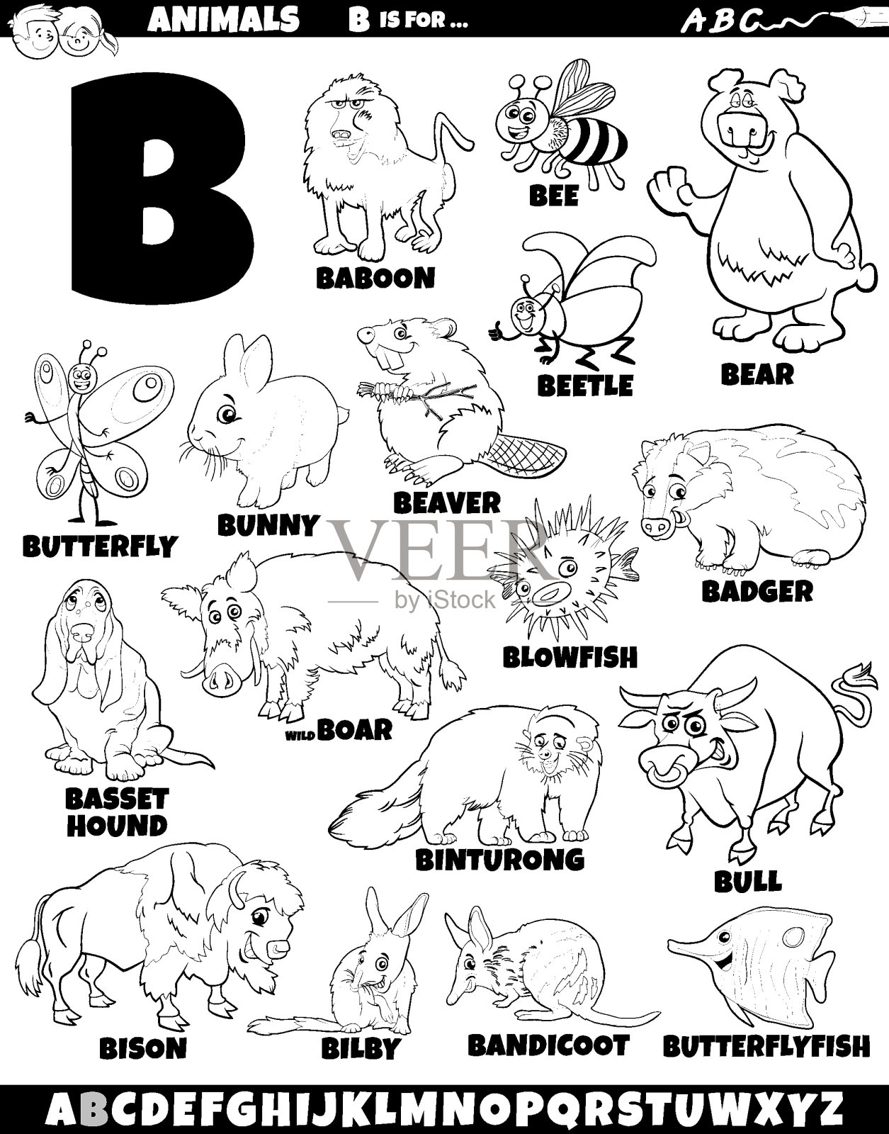 卡通动物人物为字母B设定着色页插画图片素材