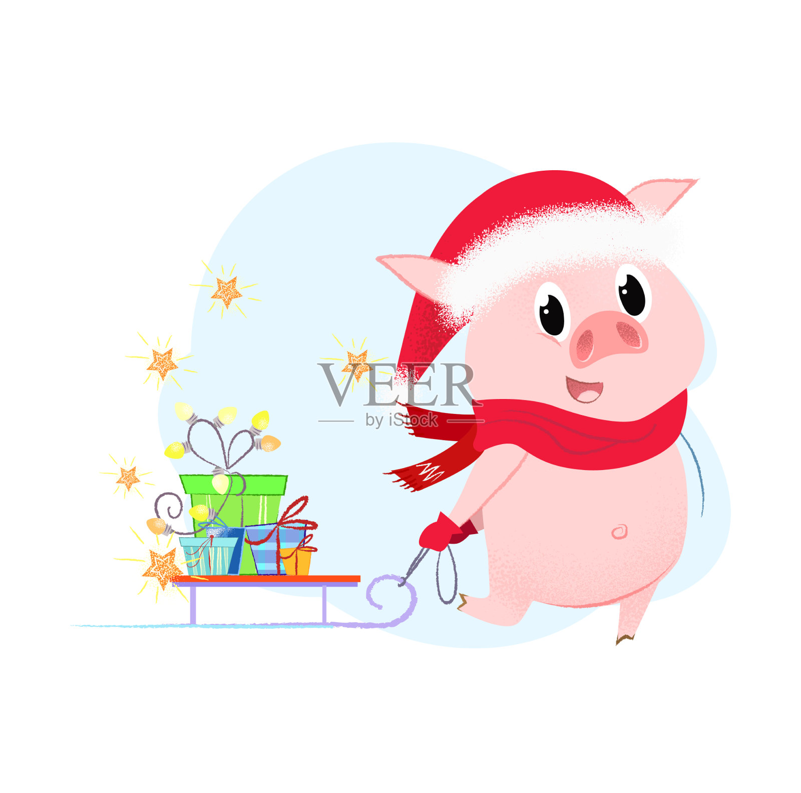 小猪拉雪橇新年快乐插画图片素材