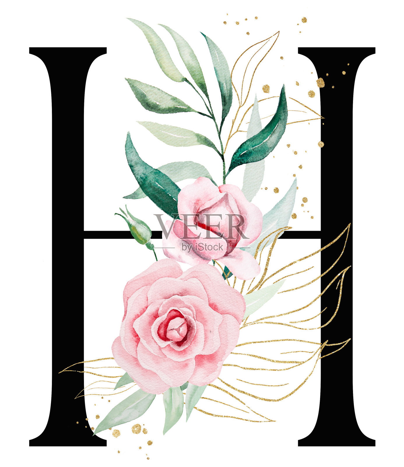 黑色字母H配粉色水彩花朵和绿色金色叶子，孤立插图插画图片素材