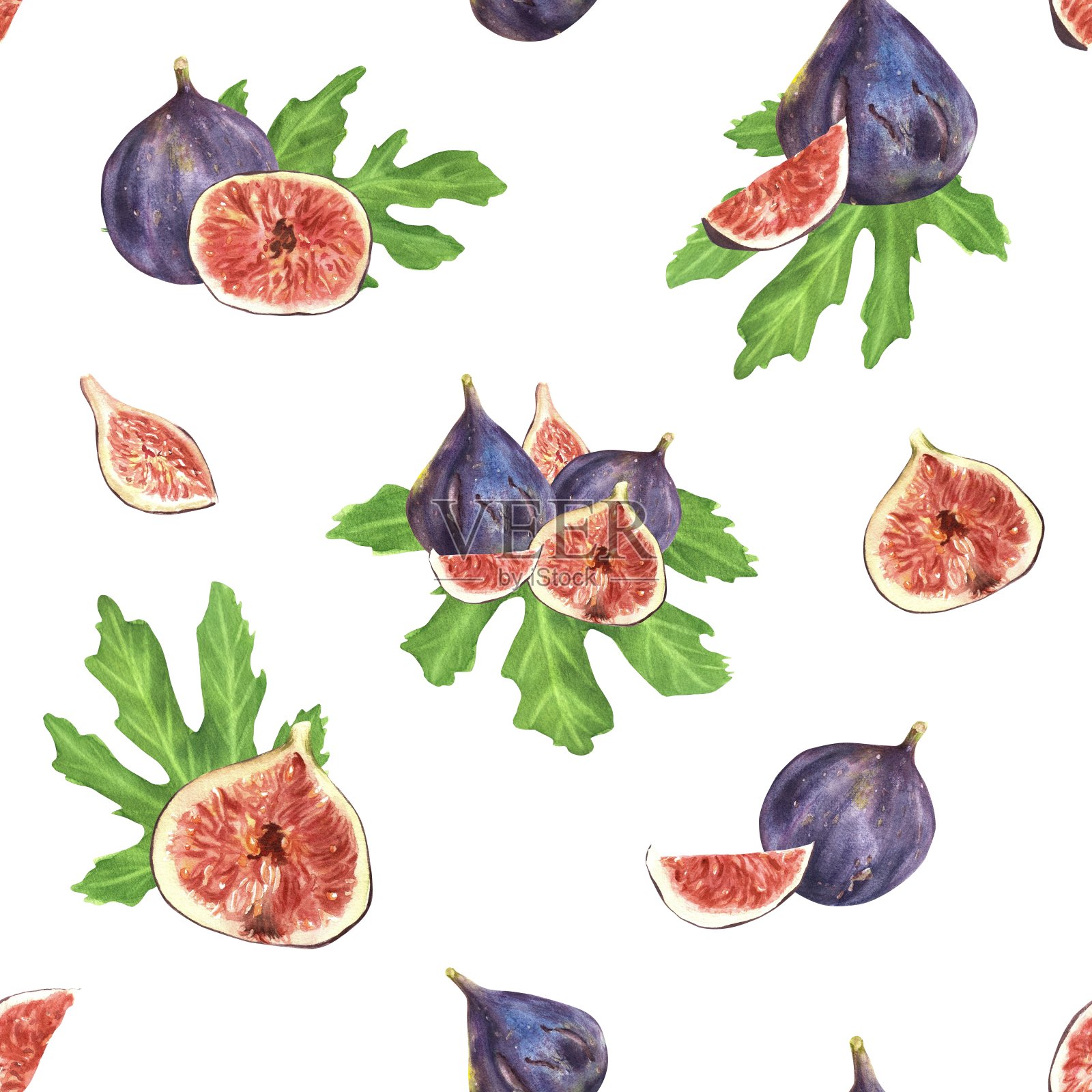 手绘水彩插图。无缝图案与新鲜的无花果，切片和绿叶插画图片素材