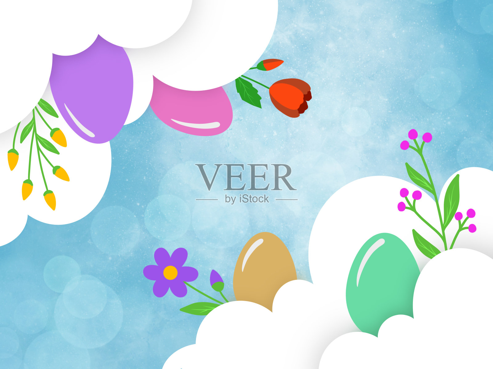 复活节彩蛋背景与草。复活节彩蛋背景与春天的花朵。复活节背景与蛋和兔子。复活节背景与彩蛋插图插画图片素材