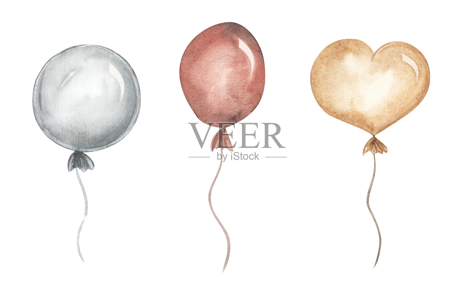 水彩画气球。手绘包派对粉红色，蓝色，紫色气球孤立在白色背景。问候的装饰。插画图片素材