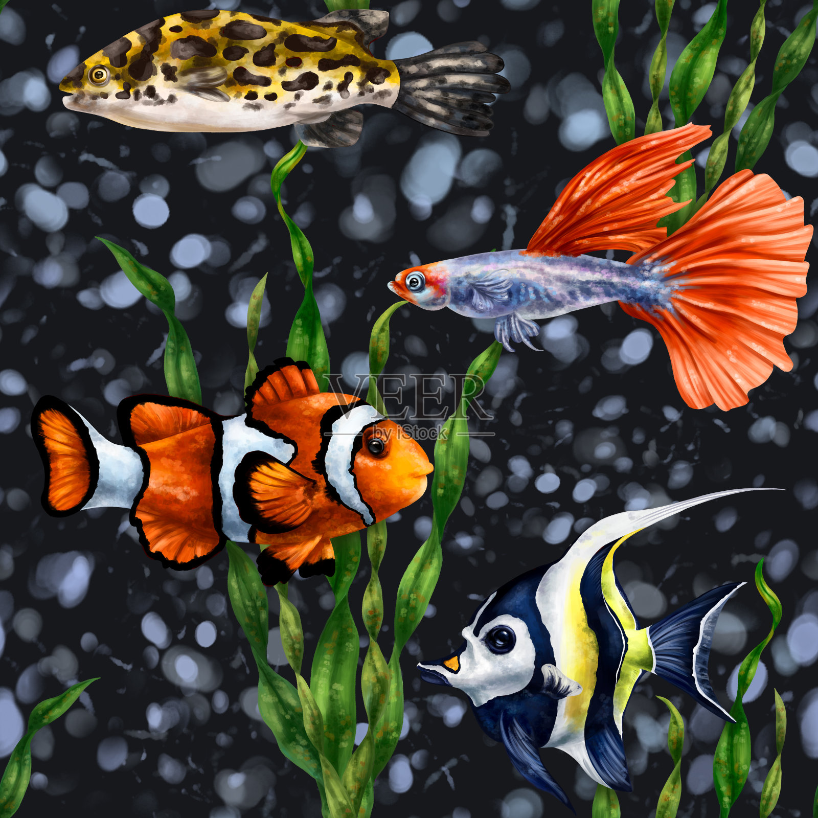 海洋里五颜六色的海鱼。绿藻中的热带水鸟。水下生活，潜水和浮潜，去异国情调的地方旅行。无缝图案，数字插图插画图片素材