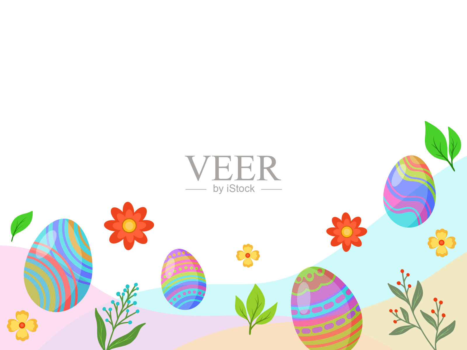 复活节彩蛋背景与草。复活节彩蛋背景与春天的花朵。复活节背景与蛋和兔子。复活节背景与彩蛋插图插画图片素材