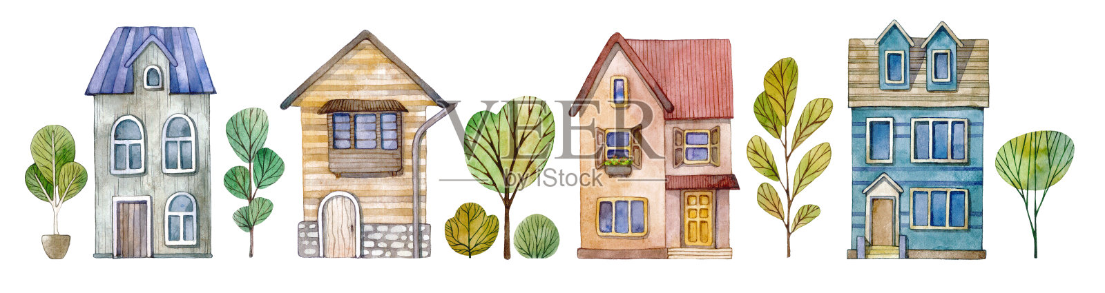 一套五颜六色的水彩房子和树。手绘插图孤立在白色背景。插画图片素材