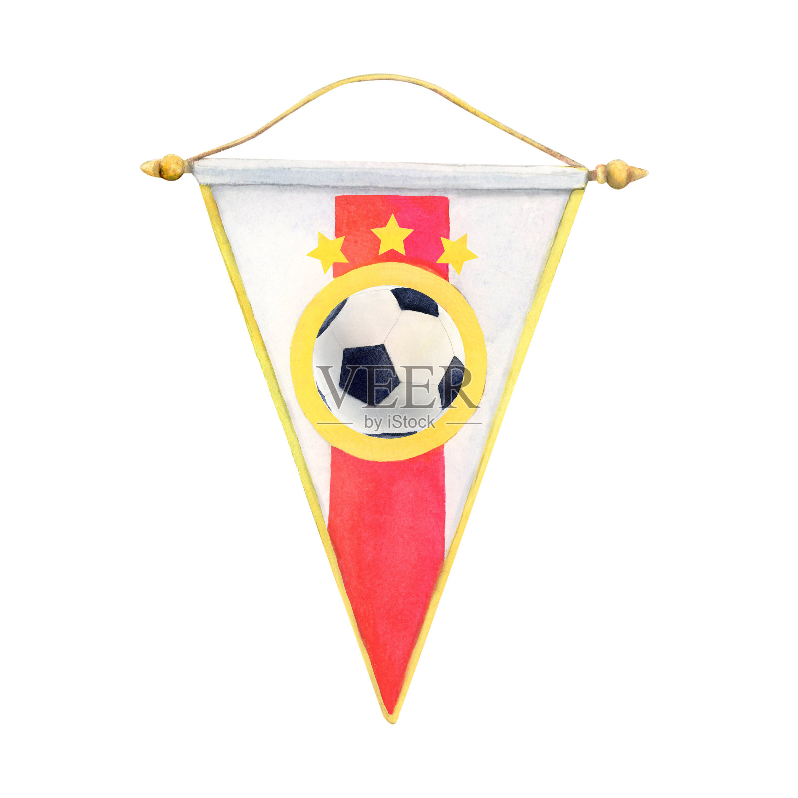 水彩画的足球锦旗与球黑白和黄色的星星。在白色的背景上绘有红色和白色线条的飘带。球迷插图插画图片素材