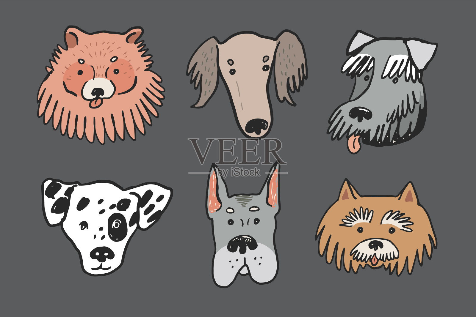 动物狗面对矢量插图集。插画图片素材