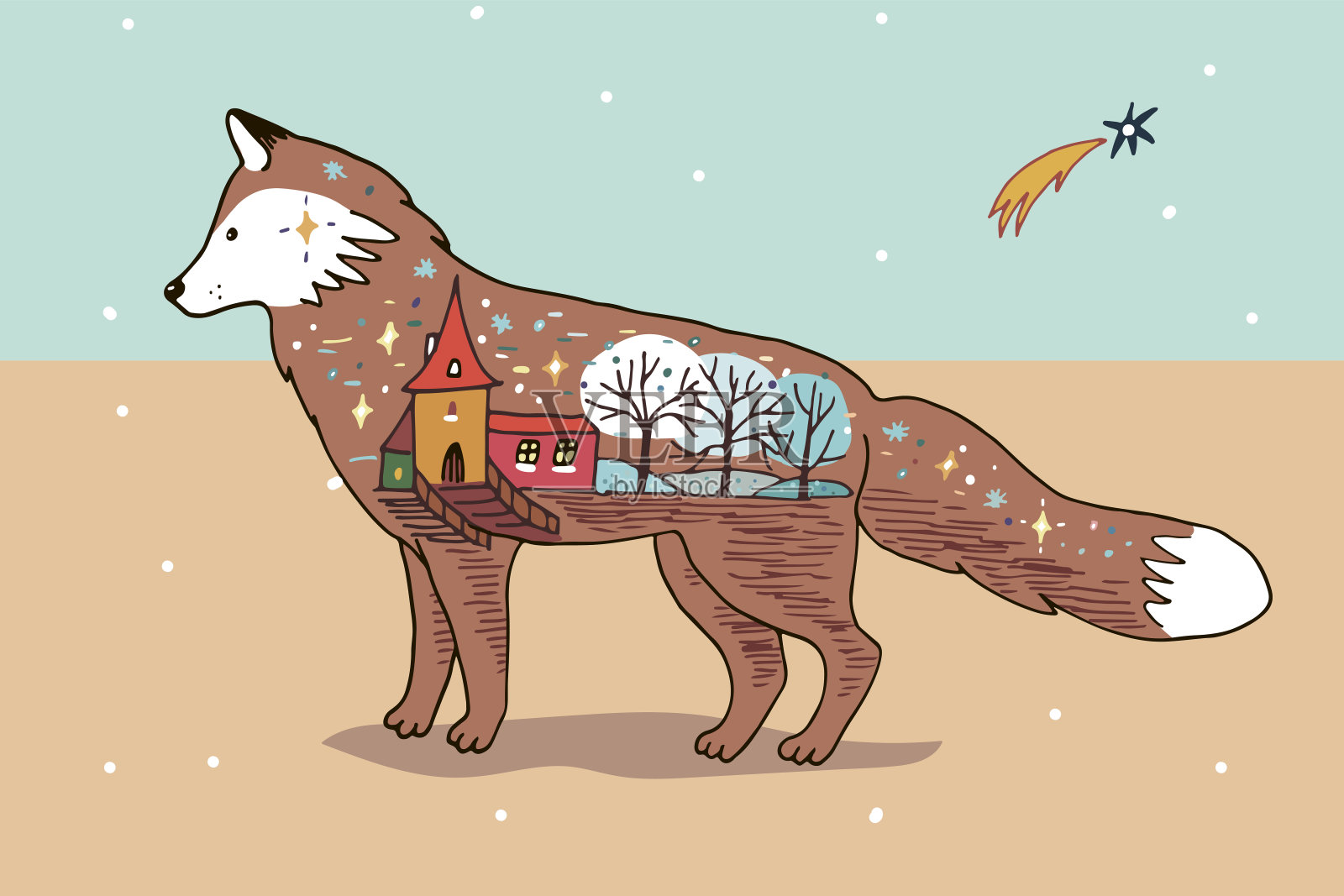 冬天狐狸与雪，树，房子矢量海报。插画图片素材