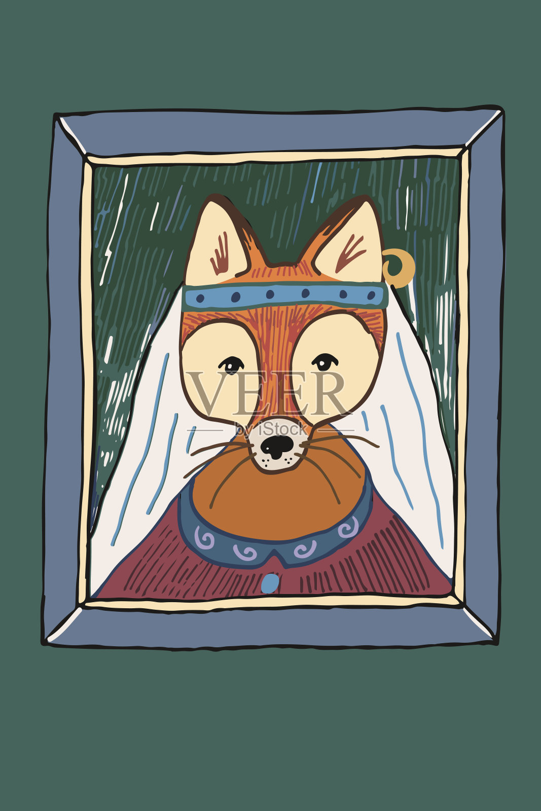 动物有趣的狐狸脸肖像画廊矢量插图。插画图片素材