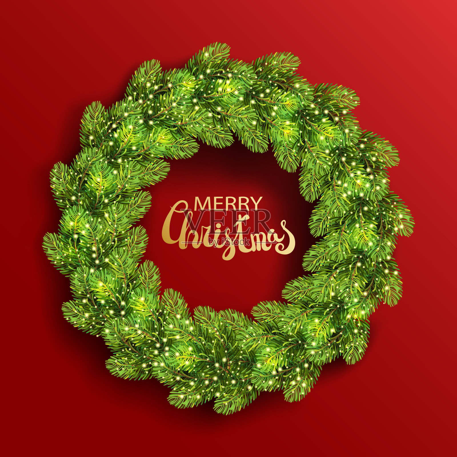 节日的背景以圣诞树的枝干编成花环，小枝上缀满节日的祝福。青杉树花环插画图片素材