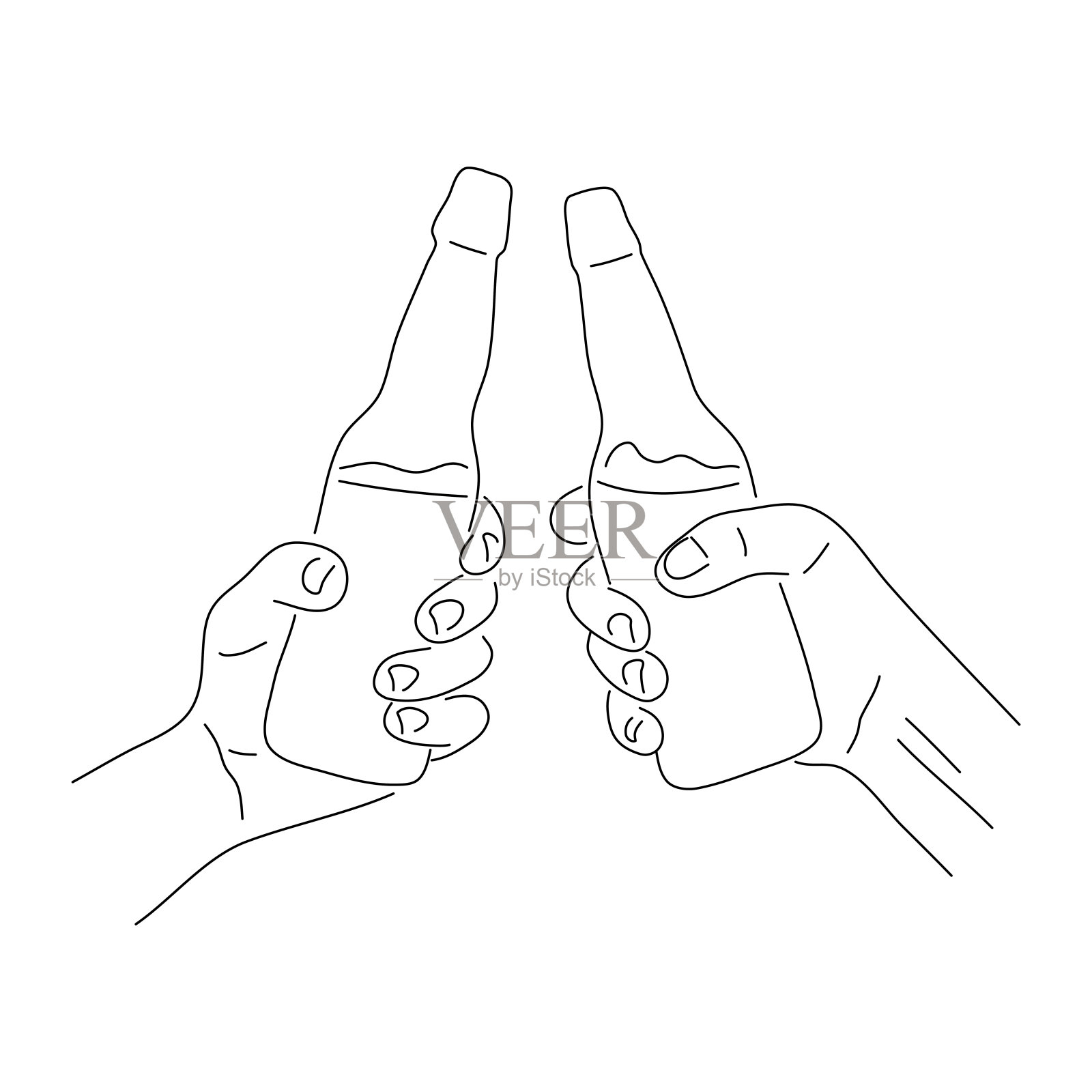 两只手拿着啤酒瓶。图标草图手工制作。矢量可编辑笔画。插画图片素材