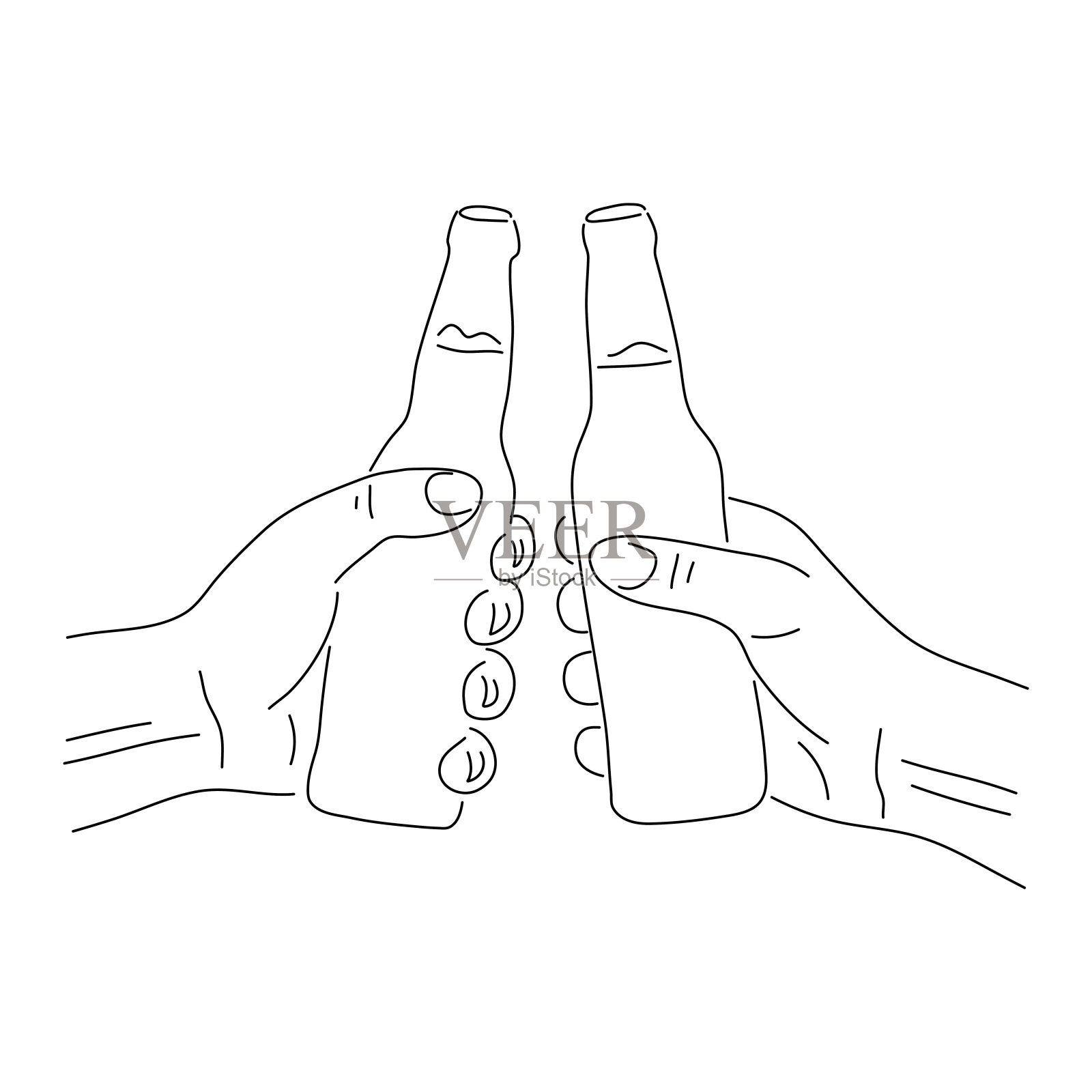 两只手拿着两个啤酒瓶。矢量可编辑笔画。插画图片素材