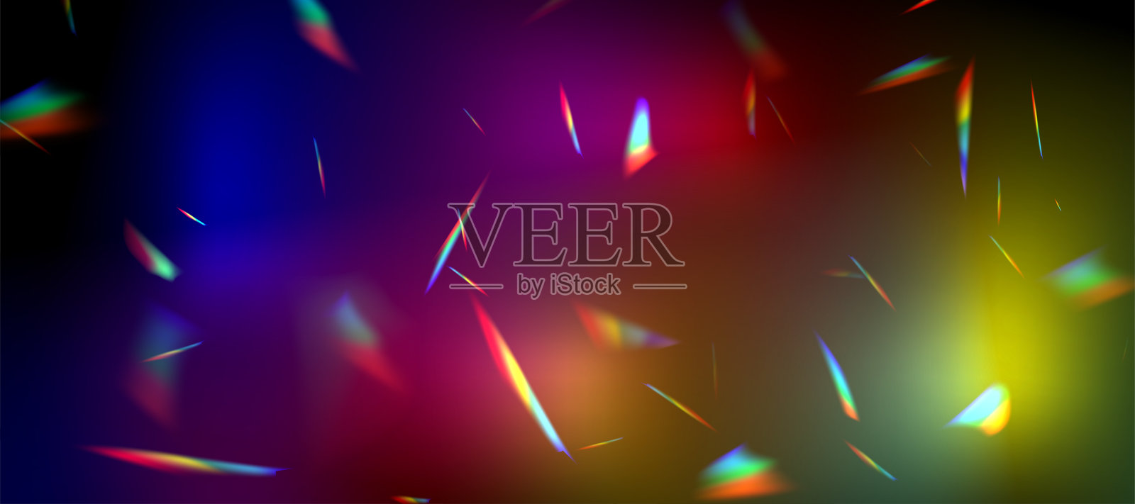 模糊彩虹折射叠加效果。光透镜在黑色背景上的棱镜效果。全息反射，水晶耀斑泄漏阴影叠加。矢量抽象插图。插画图片素材