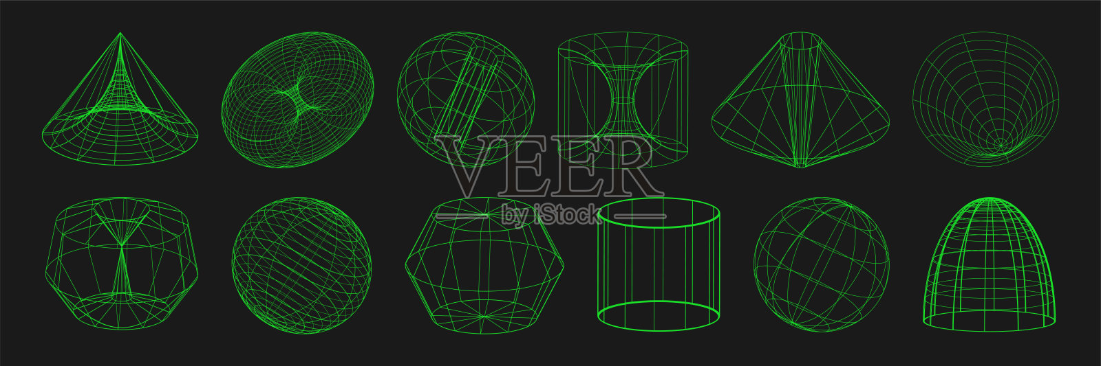 网络扭曲的形状，复古朋克的设计元素。线框波浪几何在黑色背景。时髦的迷幻矢量元素。插画图片素材