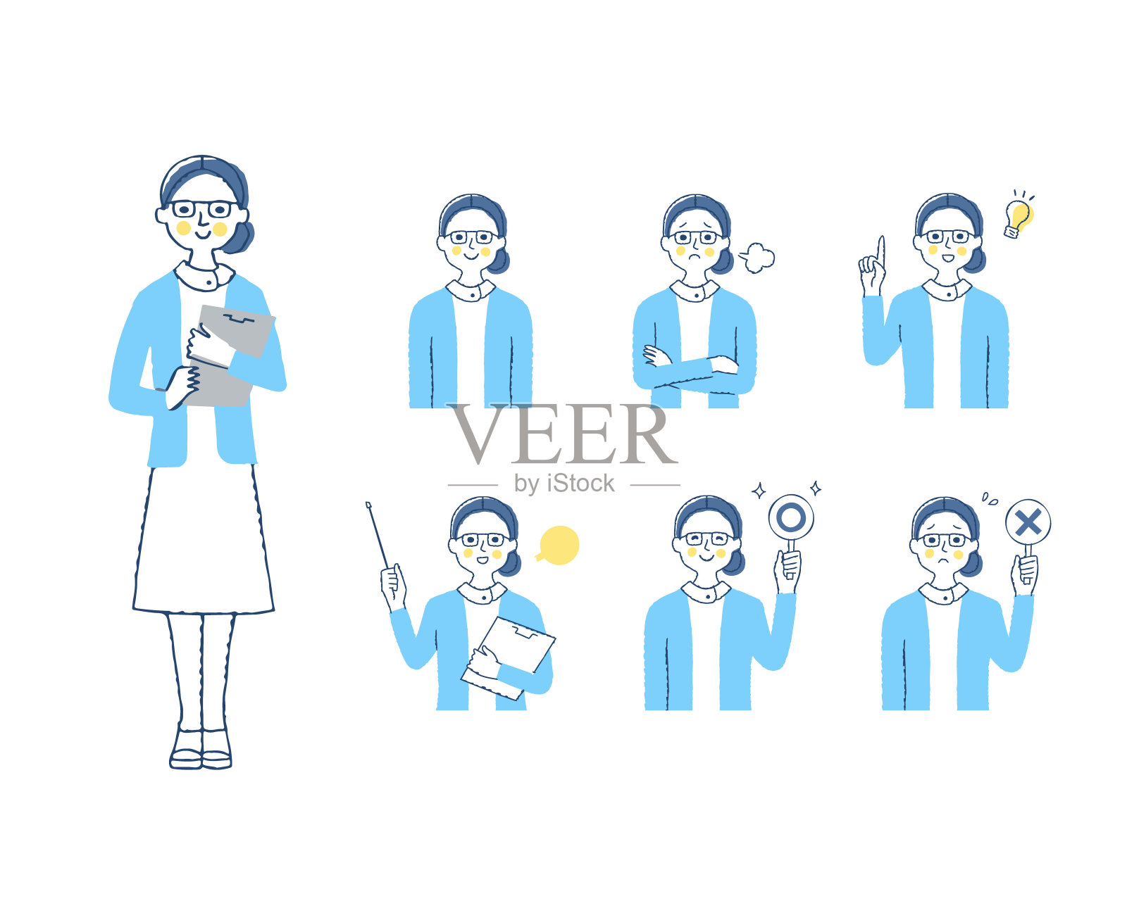 一组女性医务工作者的各种面部表情插画图片素材