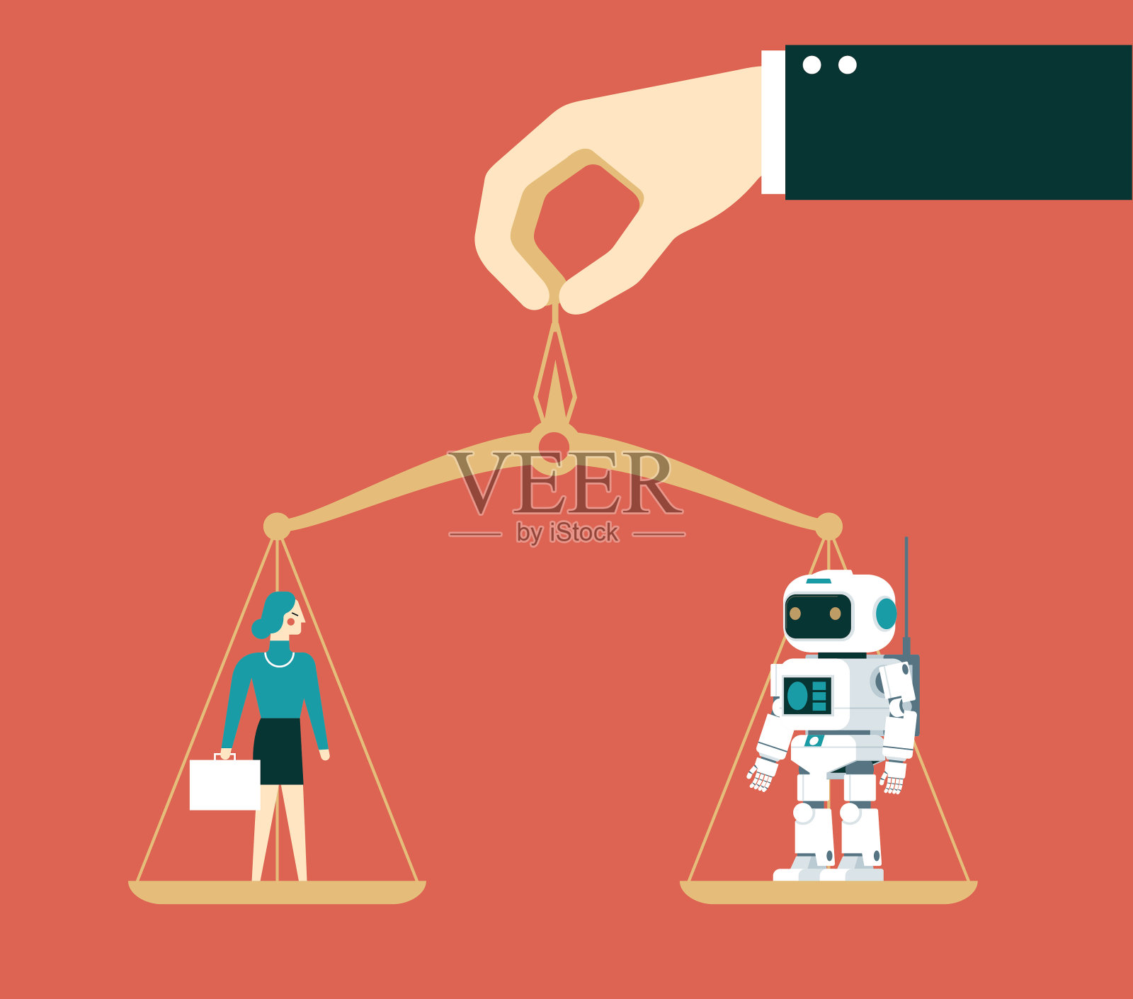 女商人vs机器人——平衡天平插画图片素材