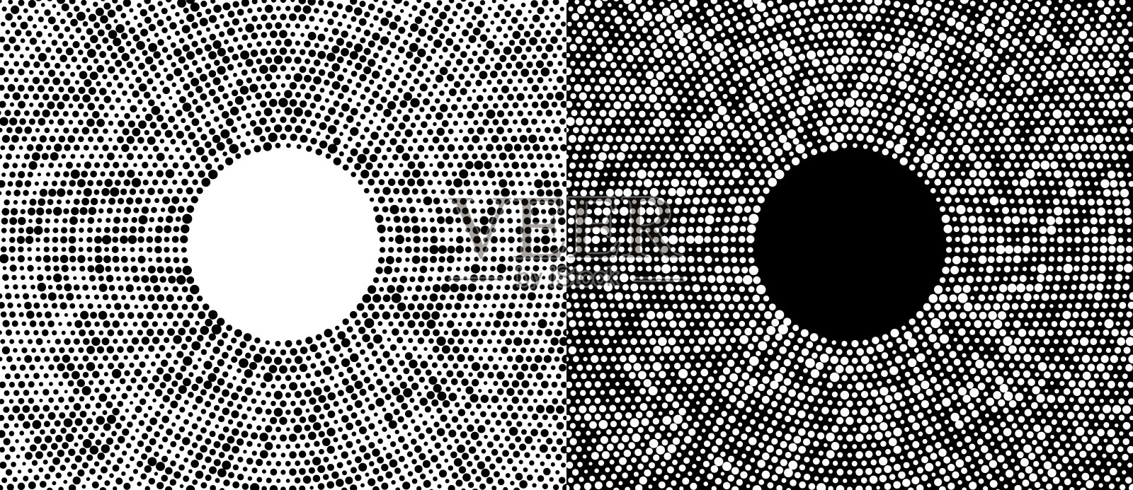 圆与半色调黑点作为广告背景或标志或图标。一个黑色的人物在白色的背景上，一个同样白色的人物在黑色的一面。插画图片素材