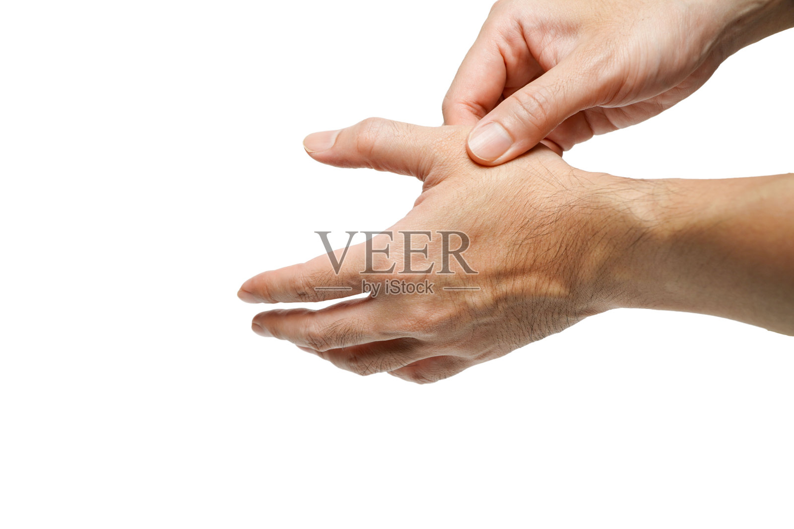 男子因使用鼠标导致手痛，办公综合征手痛由职业病引起。健康理念，孤立在白色背景上。照片摄影图片