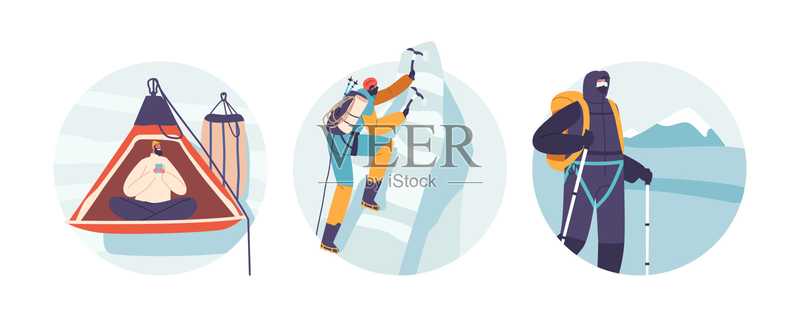 孤立的圆形图标或头像与冒险攀岩者的角色高耸在岩峰垂直墙插画图片素材