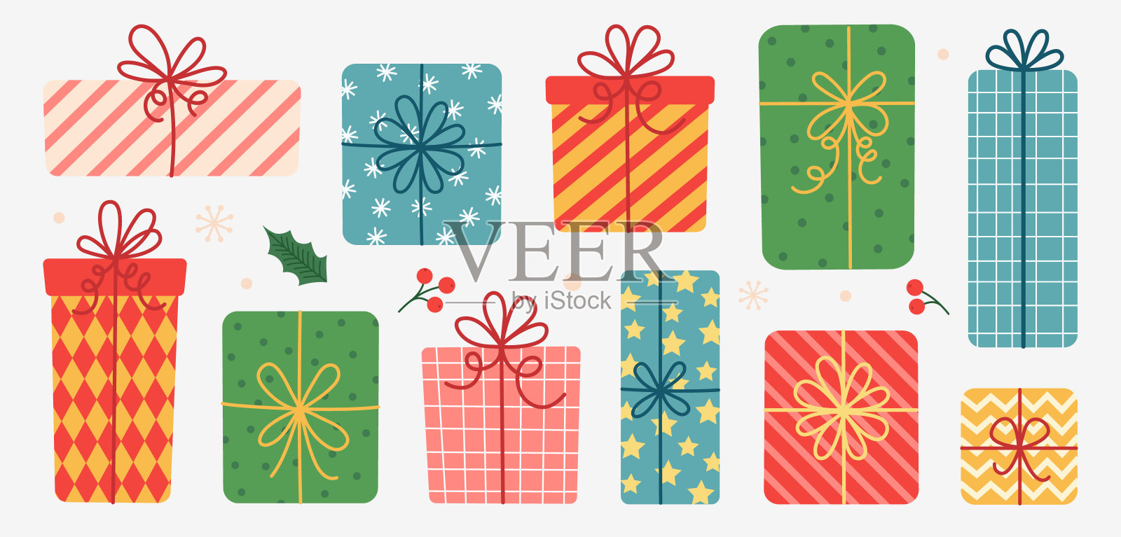 一套手绘彩色圣诞礼盒，节日礼物。矢量插图。插画图片素材