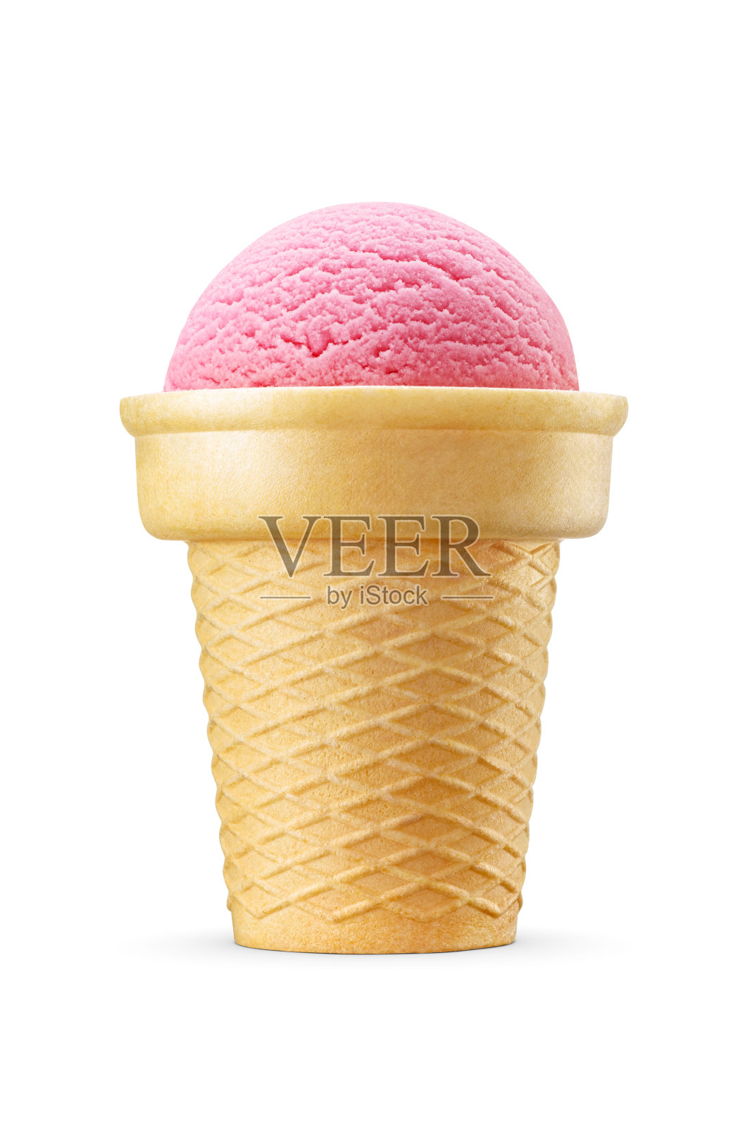 粉红色的冰淇淋在糖脆的华夫蛋筒上隔离在白色，草莓，水果，覆盆子，浆果，樱桃，糖果的味道。照片摄影图片