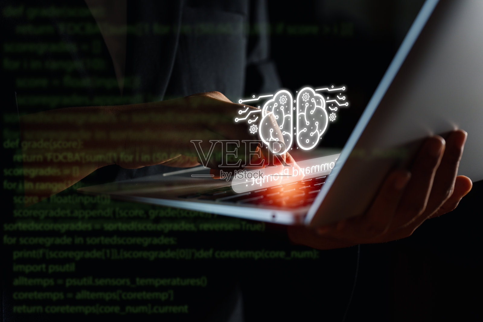 工作中的数字化转型，商人在笔记本电脑上使用人工智能处理照片摄影图片