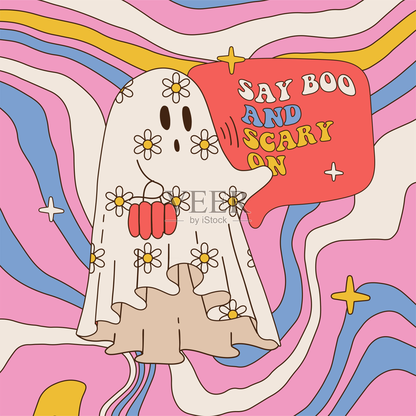 可爱的Groovy嬉皮鬼有趣的万圣节卡片模板引用-说boo和可怕的上。白色床单惊吓与花卉雏菊装饰。等高线矢量插图。插画图片素材