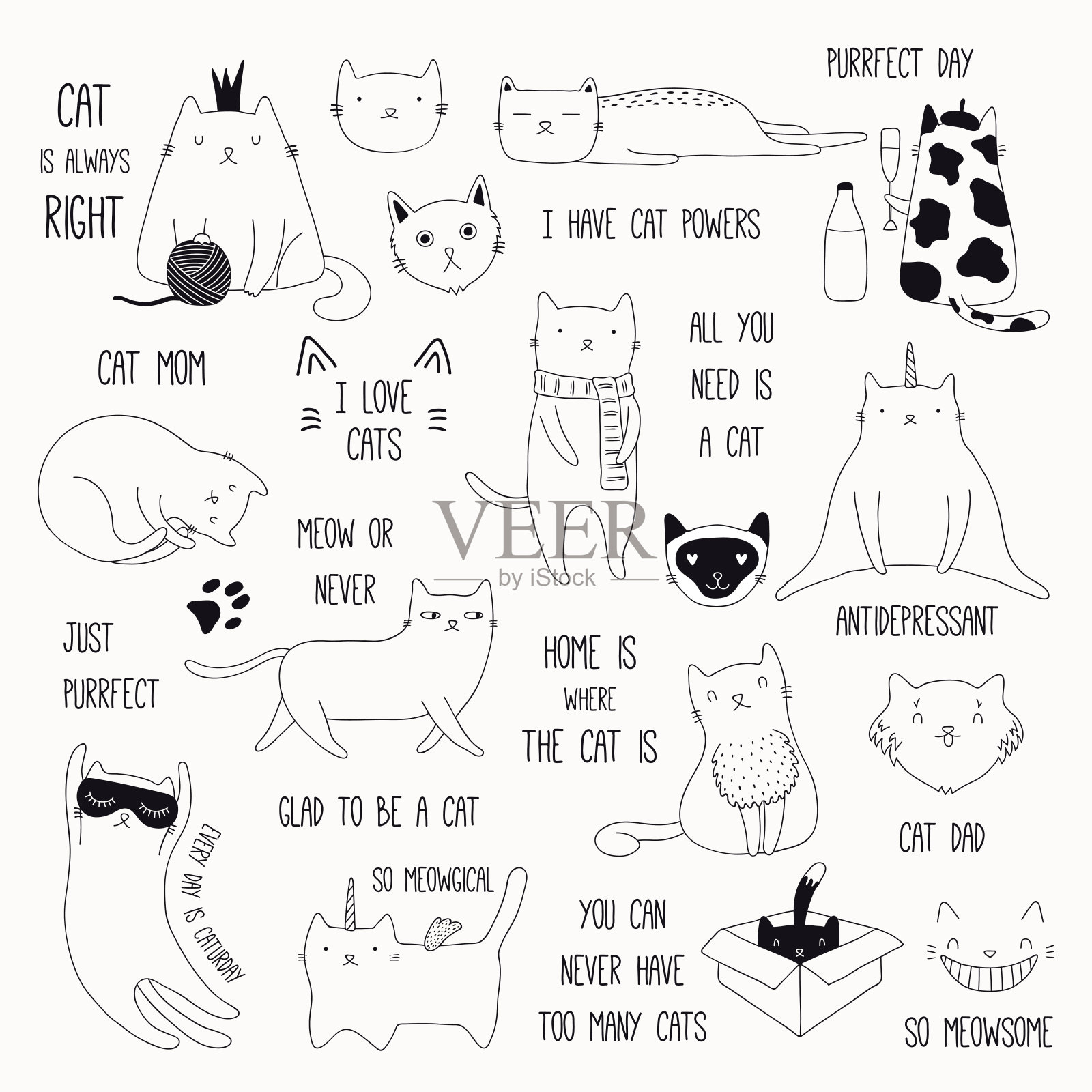 可爱的猫涂鸦和报价集插画图片素材