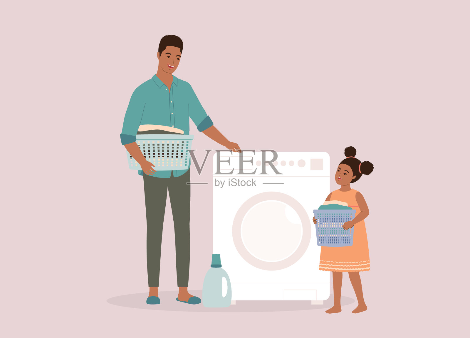 小黑人女孩帮她爸爸做家务洗衣服。插画图片素材
