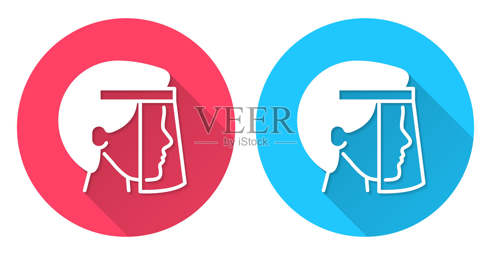 佩戴医用防护面罩者。圆形图标与长阴影在红色或蓝色的背景插画图片素材