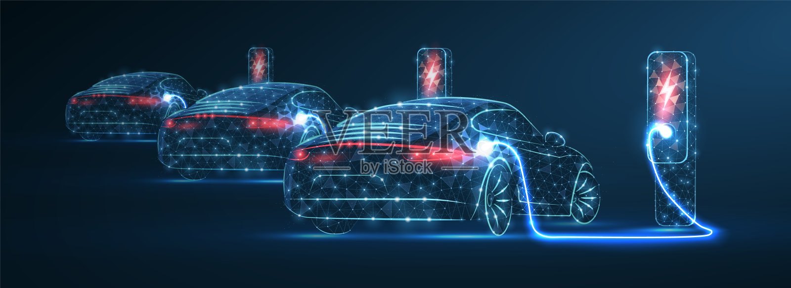 带充电站的电动汽车停车场。环保动力，电动汽车充电器插画图片素材