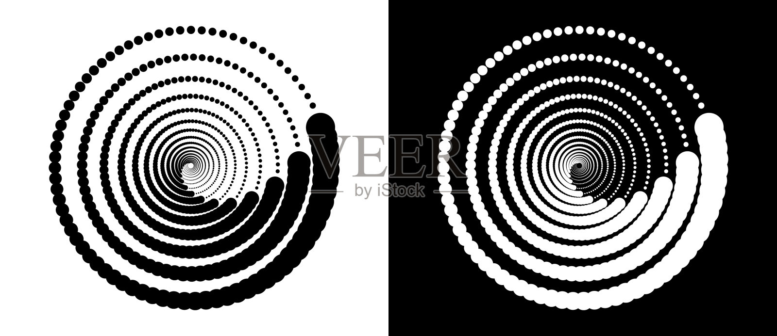 圆与半色调黑点作为广告背景或标志或图标。一个黑色的人物在白色的背景上，一个同样白色的人物在黑色的一面。插画图片素材