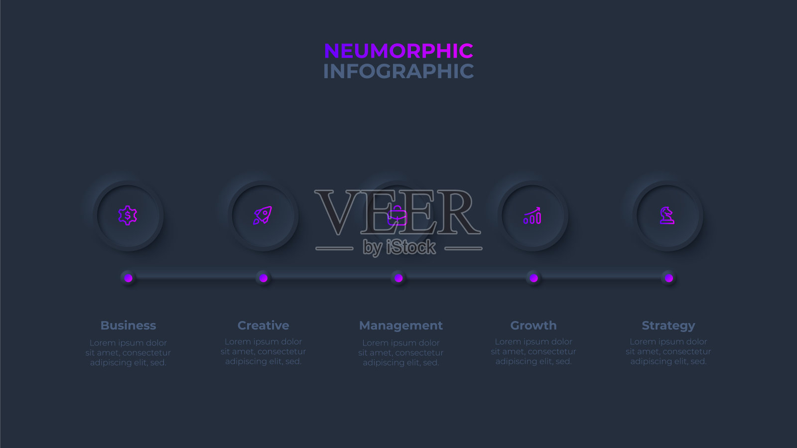 细水平线与五个圆圈。业务流程5个步骤的概念。暗无形信息图设计模板插画图片素材