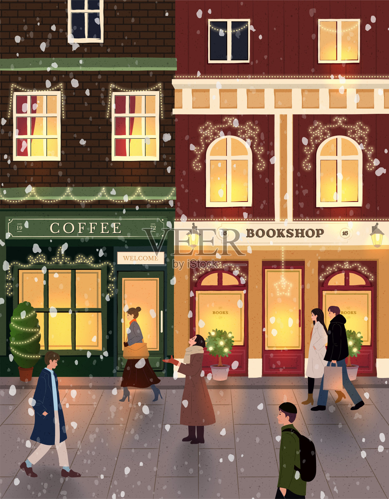 圣诞快乐，新年快乐。城市全景，人们走在街上的雪。欧洲老城区，温馨建筑，寒假背景。平安夜之夜。新潮的手绘风格。平面设计矢量插图。插画图片素材