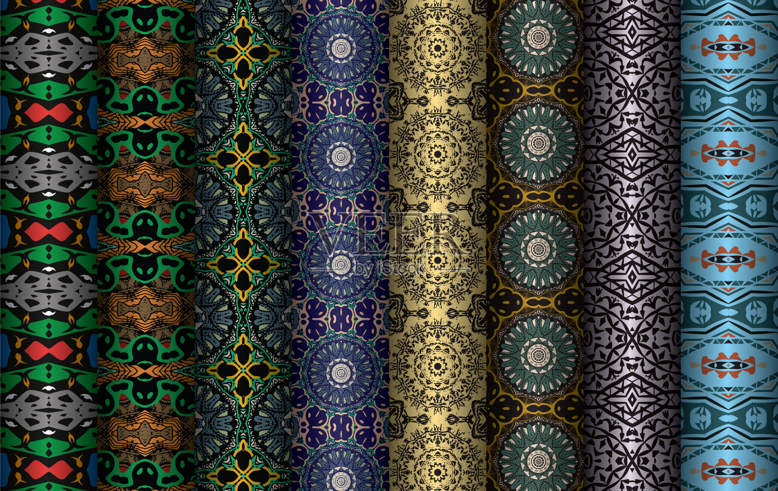 彩色无缝图案束、曼陀罗图案、碎花图案、插画、女式长裙图案、时装、面料、无缝重复图案设计。女式长裙图案设计，矢量复古艺术插图蜡染，扎染，部落，插画图片素材