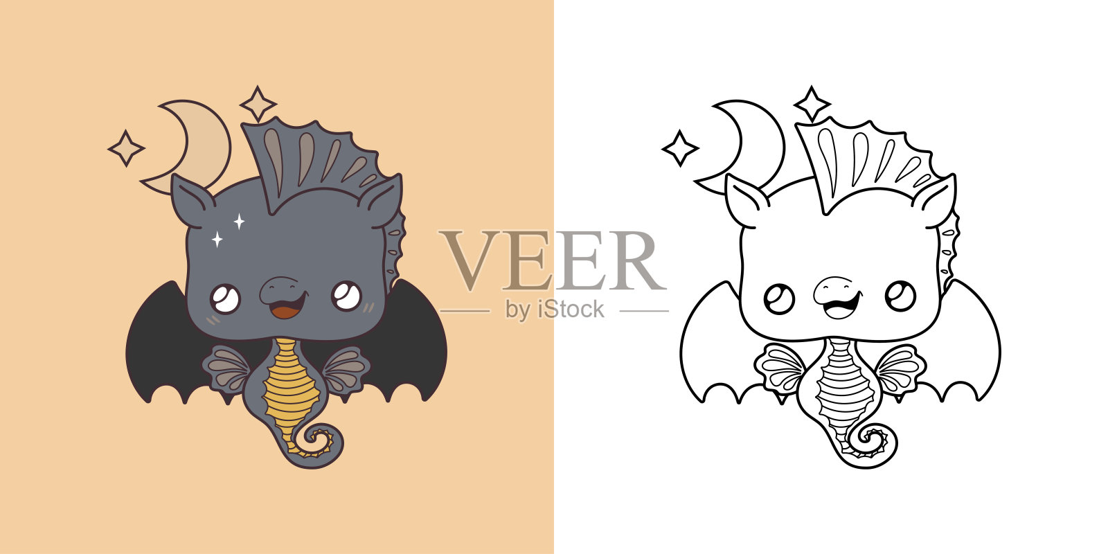 万圣节海马五颜六色，黑白相间插画图片素材