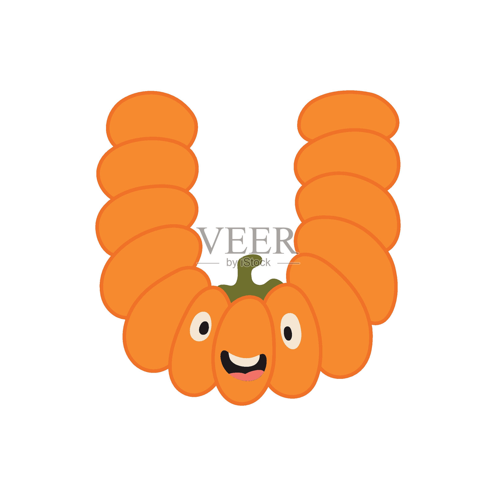 可爱的万圣节字母U南瓜角色。有趣的儿童装饰字体。用于t恤，托儿所装饰，婴儿淋浴，贺卡，邀请，剪贴簿。矢量股票插图插画图片素材