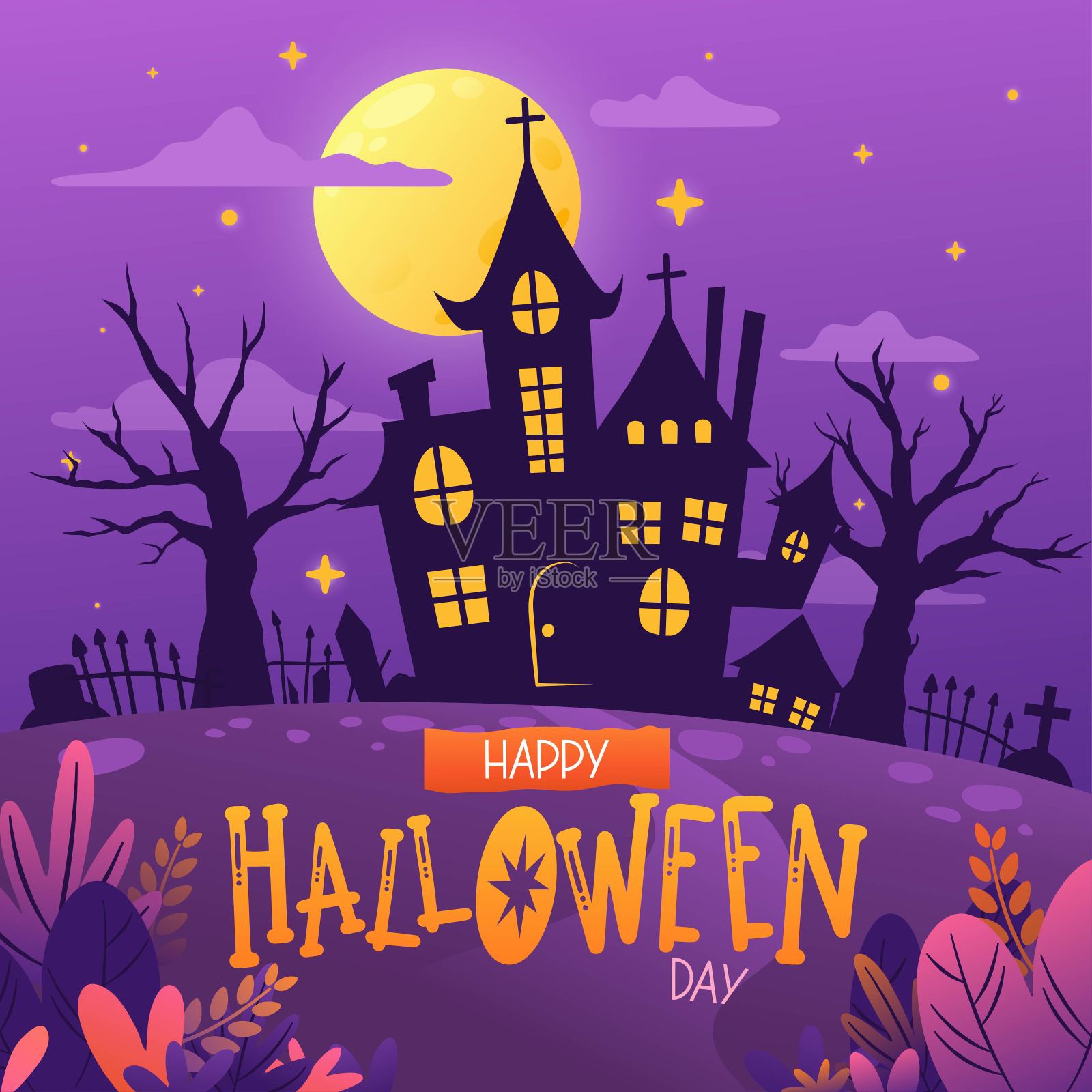 恐怖的鬼屋万圣节夜景与满月背景矢量，横幅，插图插画图片素材