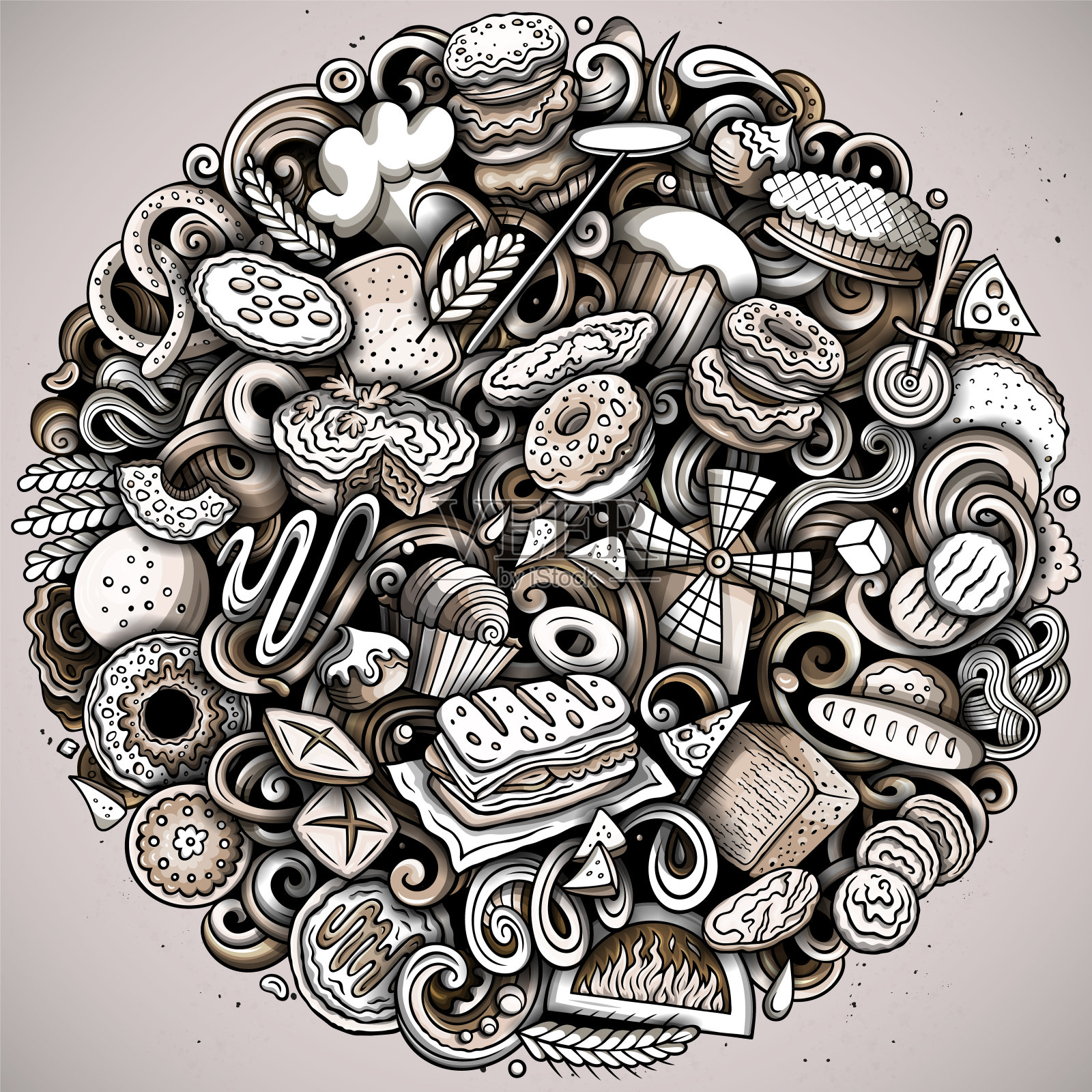 面包店涂鸦卡通有趣的圆形插图插画图片素材