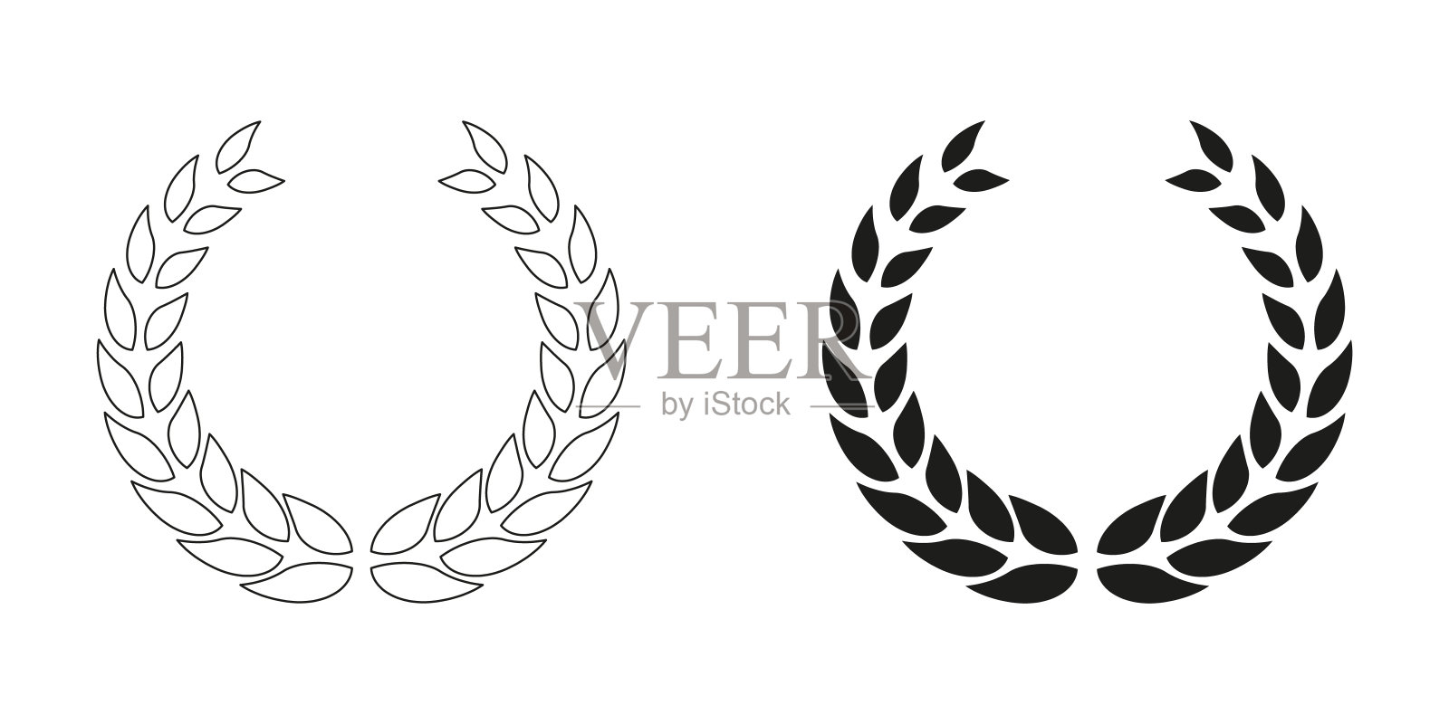 月桂花环线和轮廓黑色图标集。获胜者徽章象形文字。胜利奖，橄榄叶标志收藏。冠军证书，纹章奖杯。孤立矢量图插画图片素材