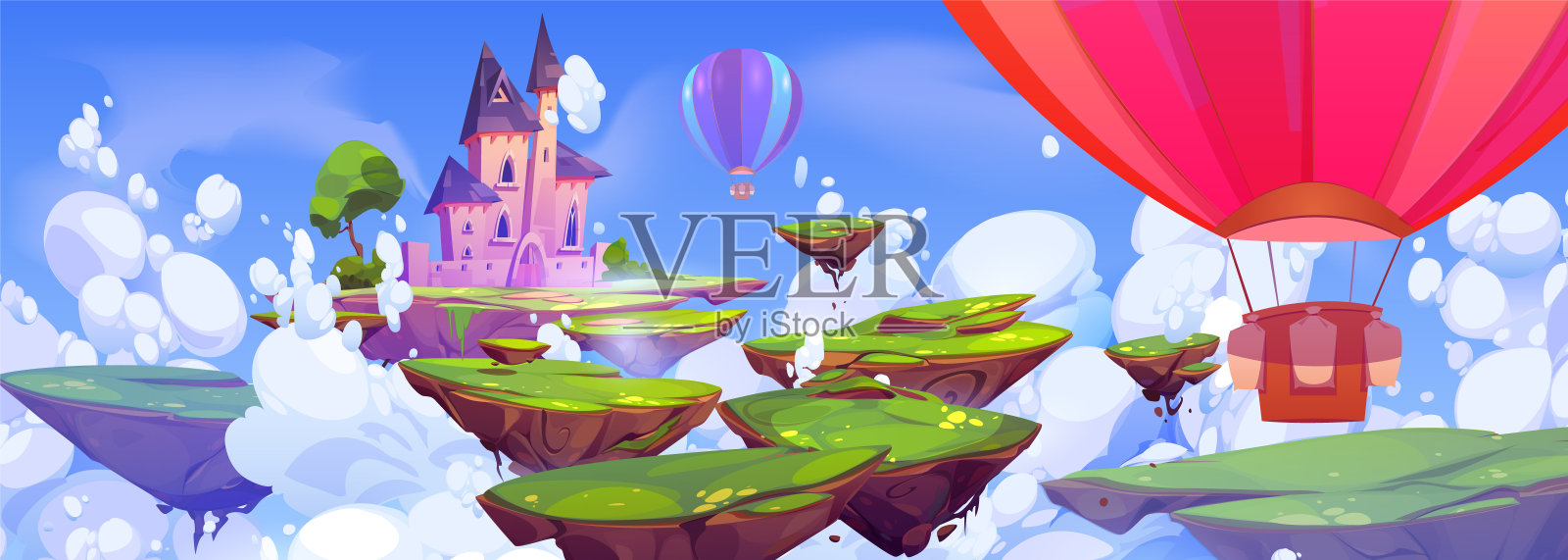 热气球，浮岩岛上的宫殿插画图片素材