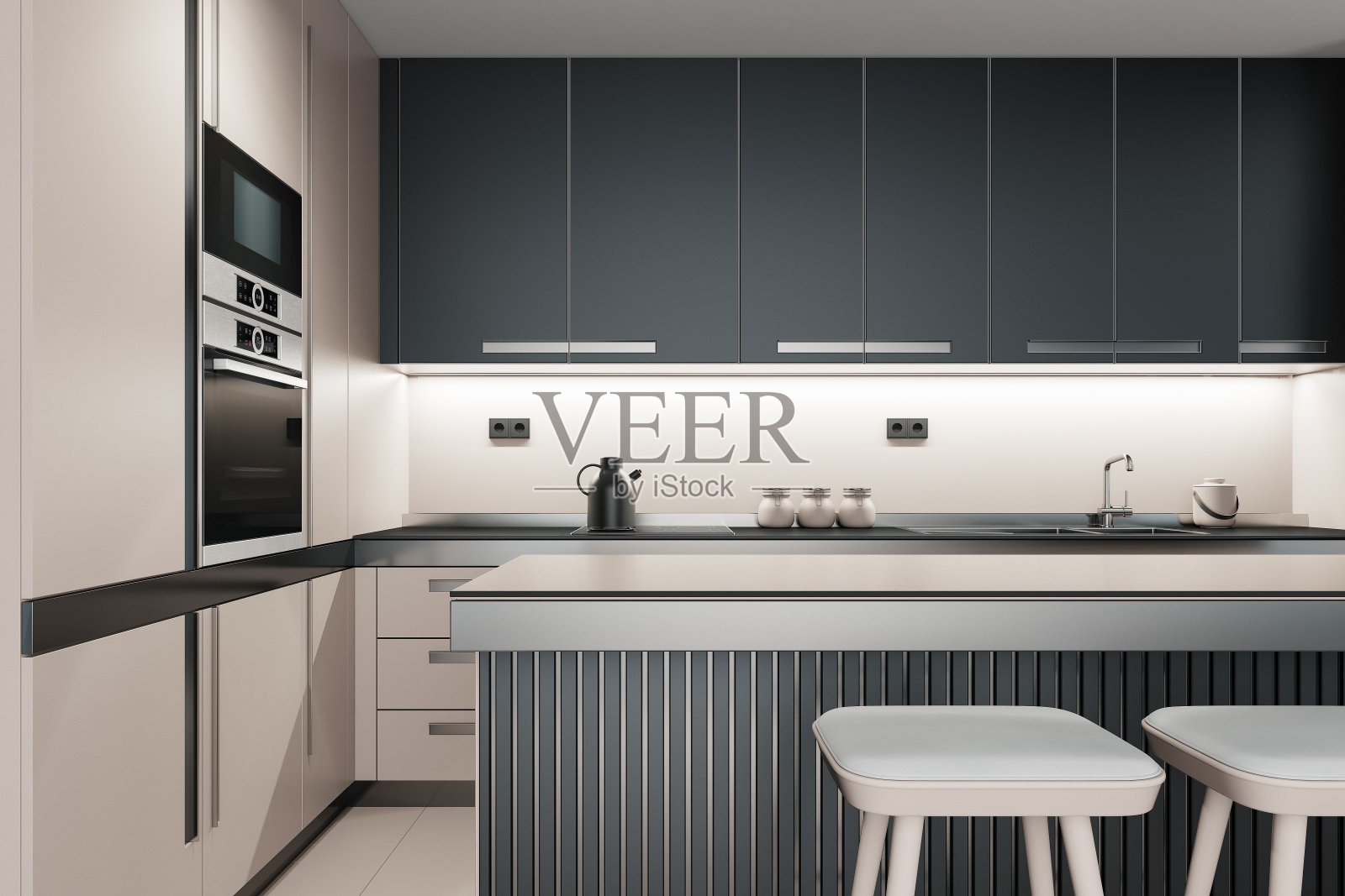 豪华黑色和米色现代极简主义厨房两面墙。深色和米色材质。照片摄影图片