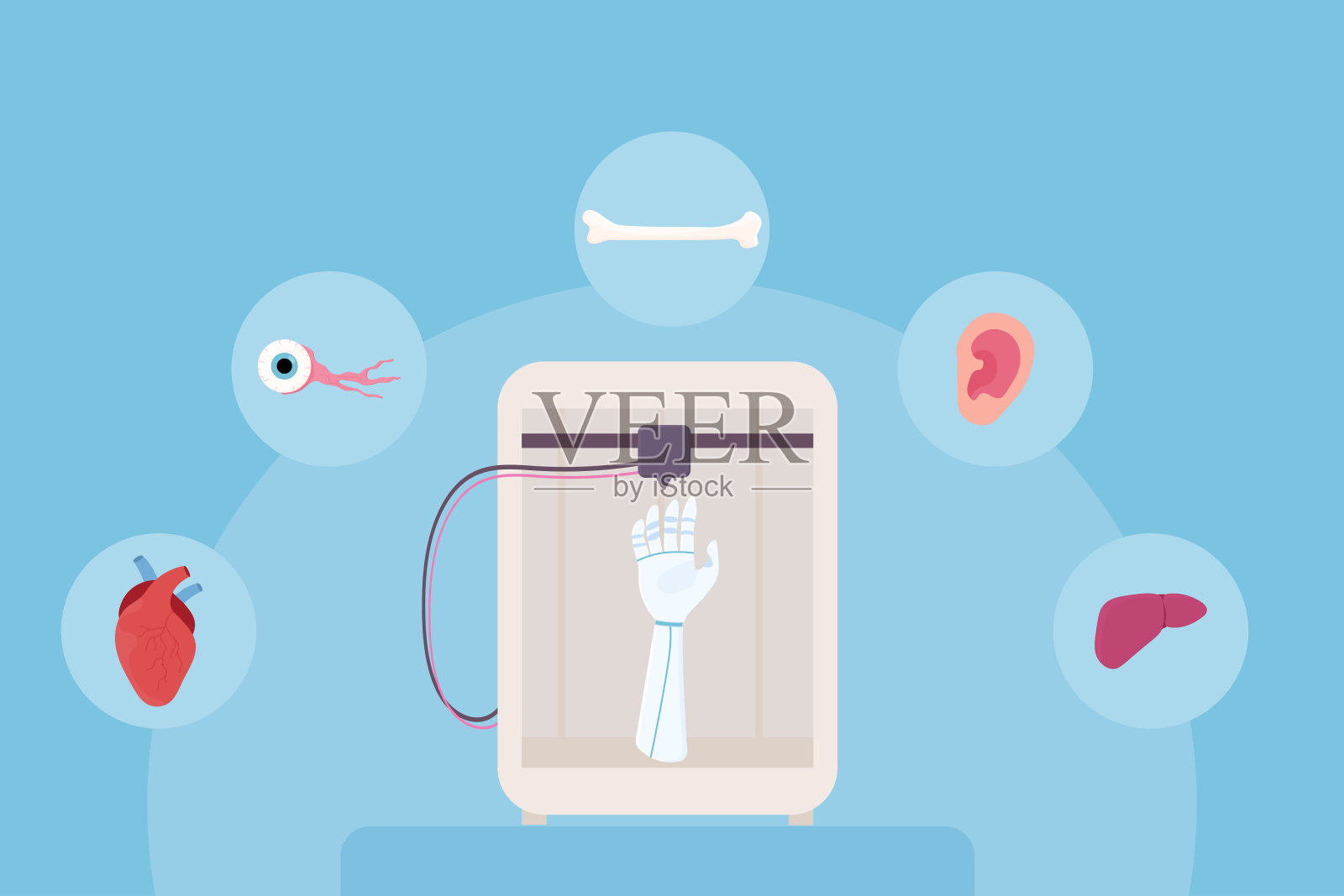 集3d打印、生物打印、人造器官、义肢、合成。肝，手臂，耳，眼，骨，心。插画图片素材