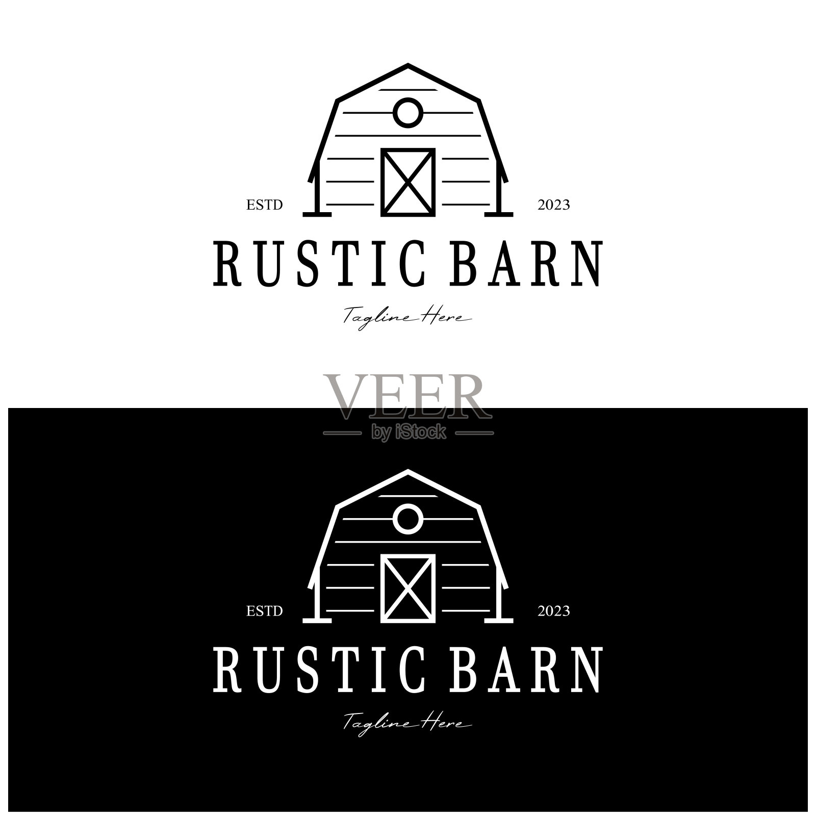 老式有机农舍或谷仓，仓库，质朴的谷仓和动物农舍标志设计。插画图片素材