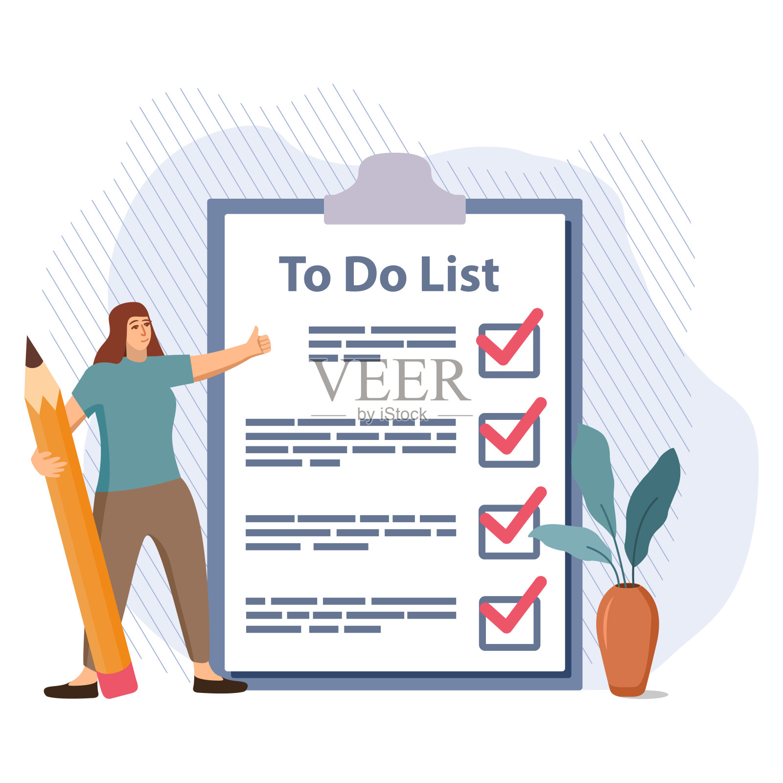 月计划，待办事项清单，时间管理。女人站在大单子旁边。插画图片素材