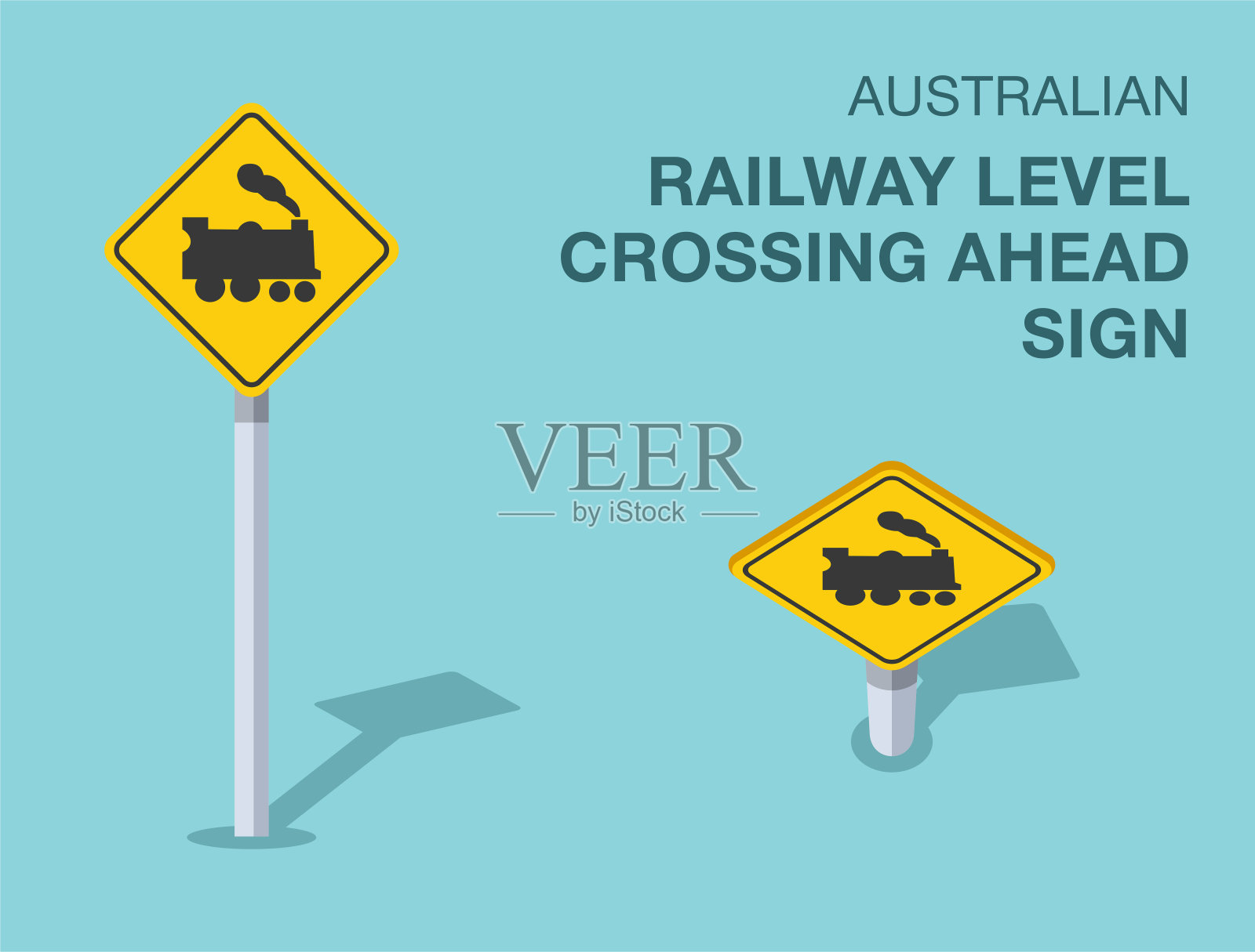 交通规则。孤立的澳大利亚铁路平交道口前方标志。正面和顶视图。矢量插图模板。插画图片素材