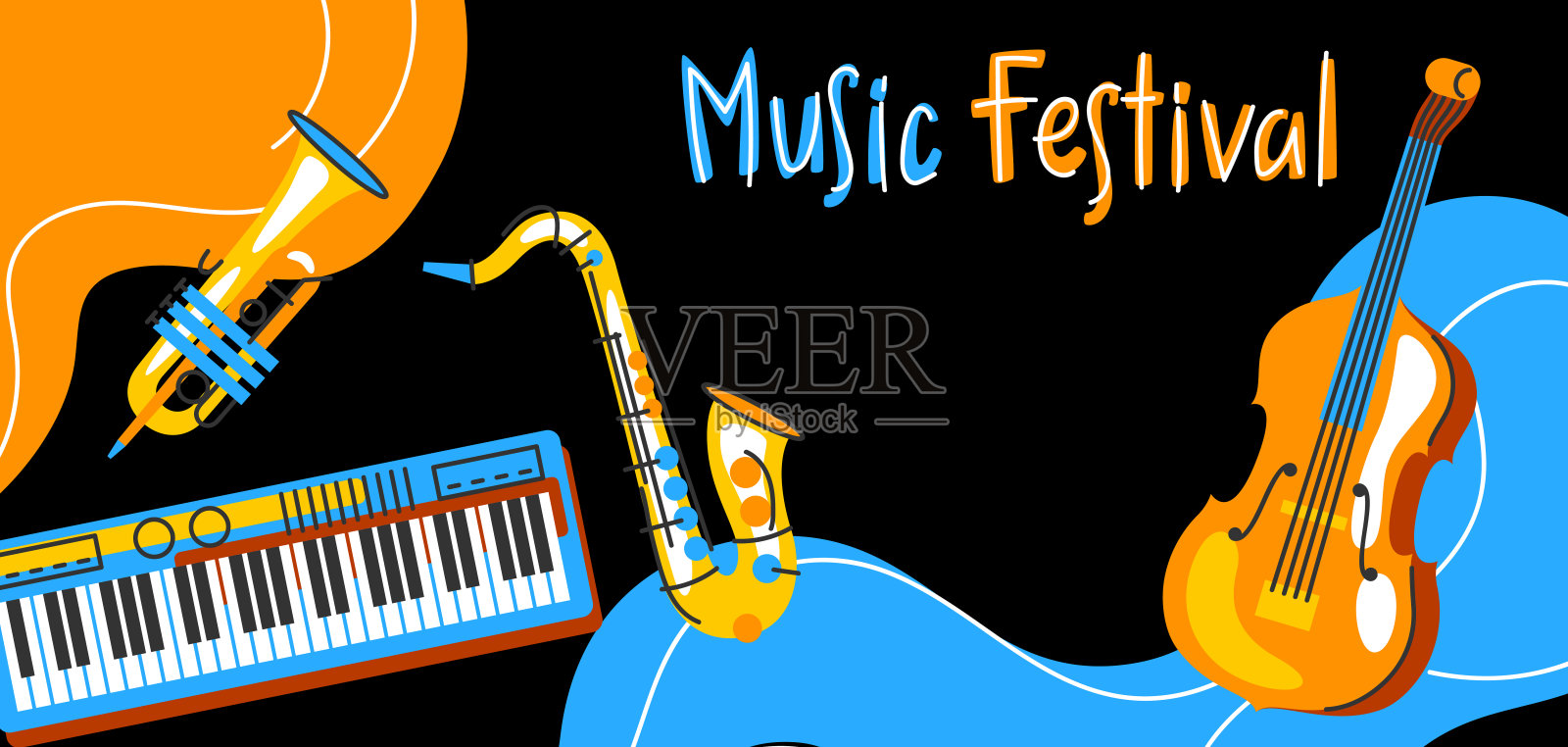 带有乐器的海报。爵士乐、蓝调和古典音乐。插画图片素材