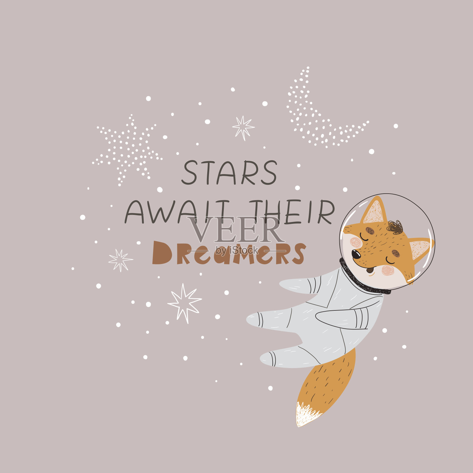 婴儿房海报与可爱的狐狸宇航员和手绘字母插画图片素材