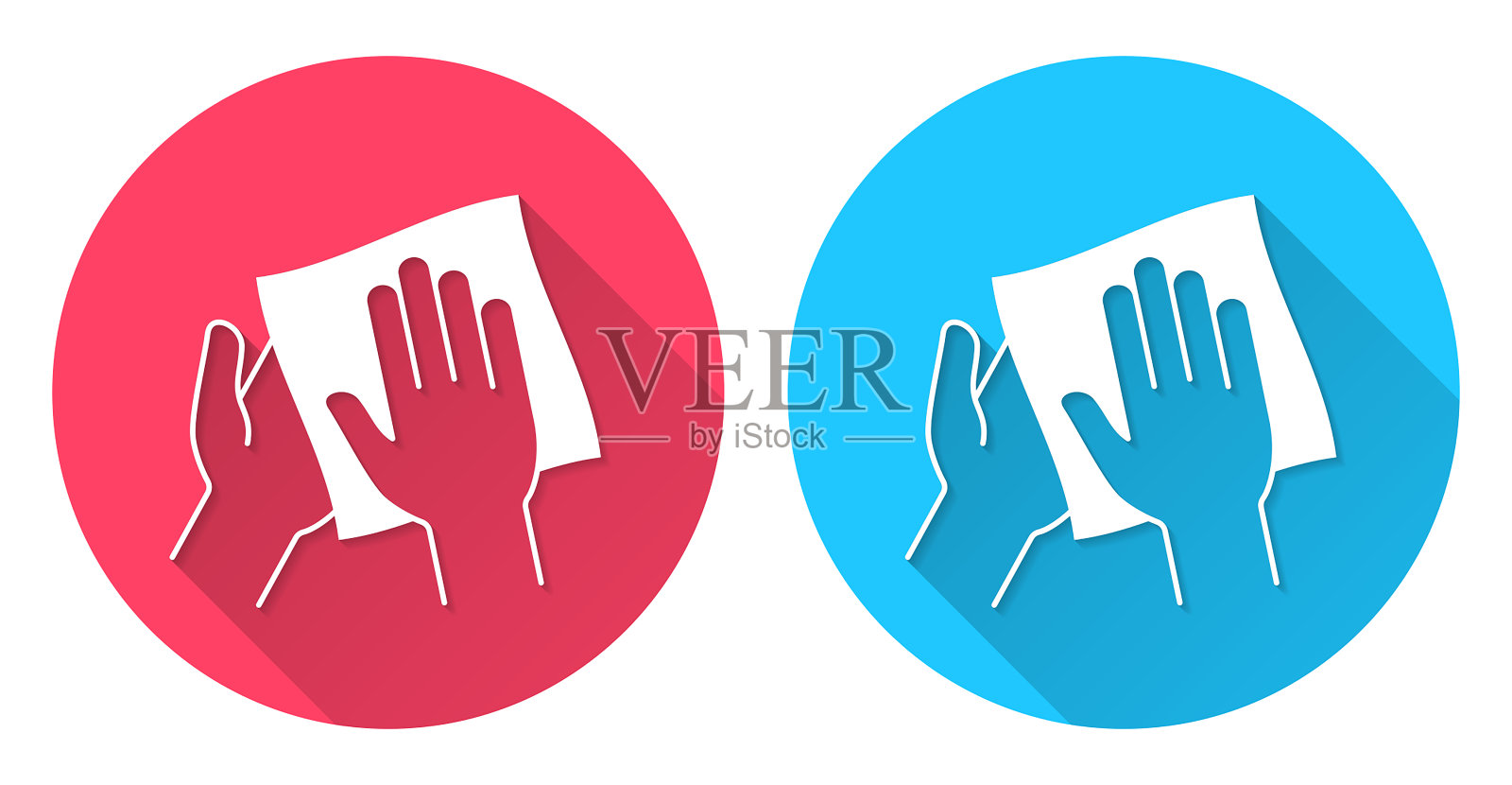 用湿巾清洁和消毒双手。圆形图标与长阴影在红色或蓝色的背景插画图片素材